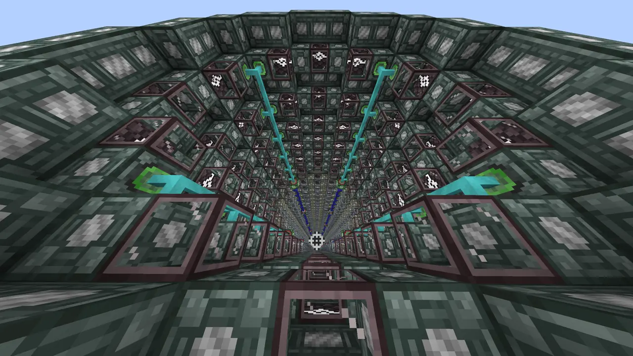 View down center of enormous stack of fusion reactors